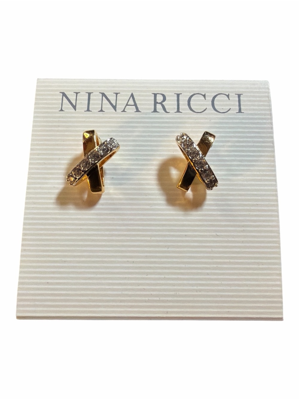 VTG Nina Ricci Gold Swarovski Crystal Criss Cross Post Stud Earrings NWT